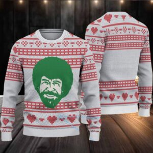 White & Red Heart Pattern “Bob Ross Joyful Holiday” Ugly Christmas Sweater