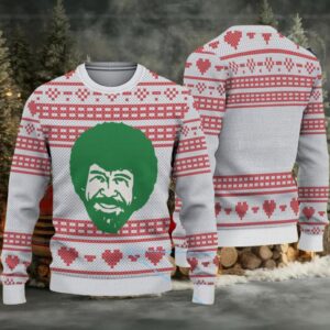 White & Red Heart Pattern “Bob Ross Joyful Holiday” Ugly Christmas Sweater