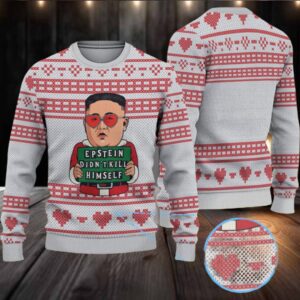 White & Red Heart Pattern “Epstein Didn’t Kill Himself” Meme Ugly Christmas Sweater