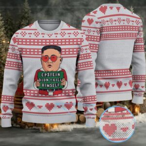 White & Red Heart Pattern “Epstein Didn’t Kill Himself” Meme Ugly Christmas Sweater
