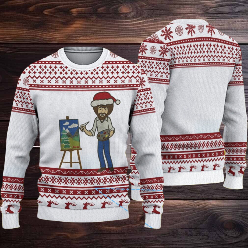 White & Red Reindeer Pattern “Bob Ross Painting Merry Landscape” Ugly Christmas Sweater White & Red Reindeer Pattern “Bob Ross Painting Merry Landscape” Ugly Christmas Sweater