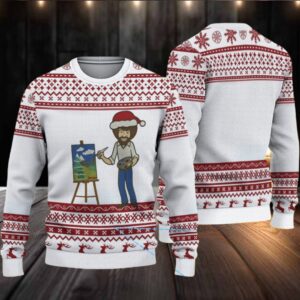 White & Red Reindeer Pattern “Bob Ross Painting Merry Landscape” Ugly Christmas Sweater