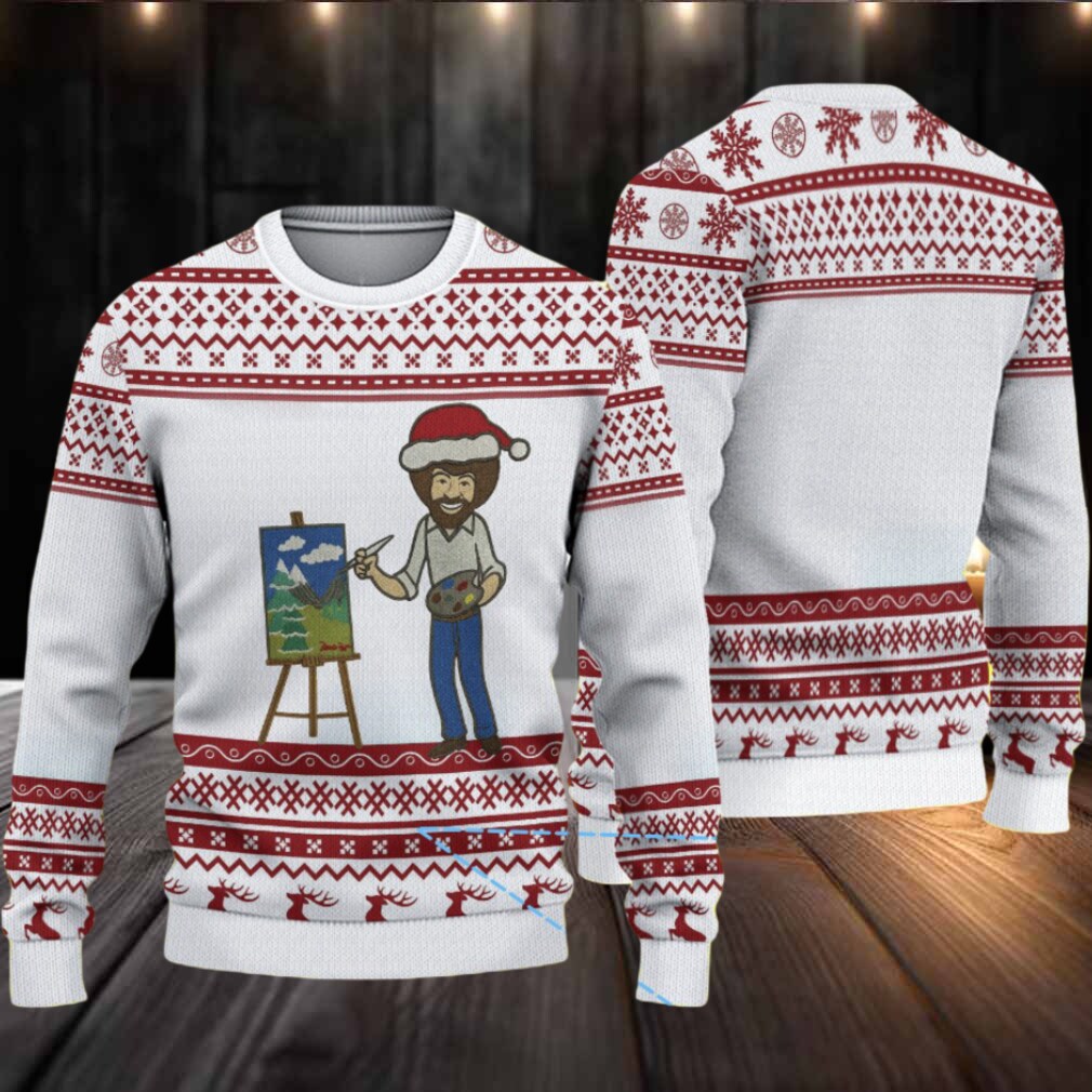 White & Red Reindeer Pattern “Bob Ross Painting Merry Landscape” Ugly Christmas Sweater White & Red Reindeer Pattern “Bob Ross Painting Merry Landscape” Ugly Christmas Sweater