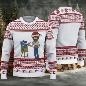 White & Red Reindeer Pattern “Bob Ross Painting Merry Landscape” Ugly Christmas Sweater
