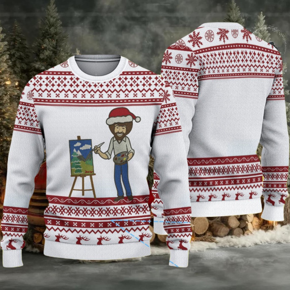 White & Red Reindeer Pattern “Bob Ross Painting Merry Landscape” Ugly Christmas Sweater White & Red Reindeer Pattern “Bob Ross Painting Merry Landscape” Ugly Christmas Sweater