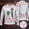 White and Navy Fair Isle “Super Jesus” Ugly Christmas Sweater with Flying Savior Design White and Navy Fair Isle “Super Jesus” Ugly Christmas Sweater with Flying Savior Design