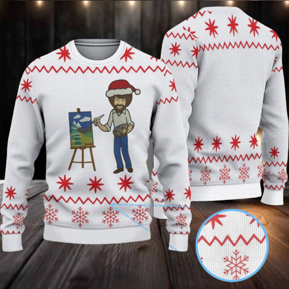White & Red Snowflake Pattern “Bob Ross Santa Painter” Ugly Christmas Sweater White & Red Snowflake Pattern “Bob Ross Santa Painter” Ugly Christmas Sweater