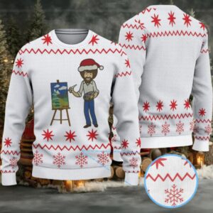 White & Red Snowflake Pattern “Bob Ross Santa Painter” Ugly Christmas Sweater