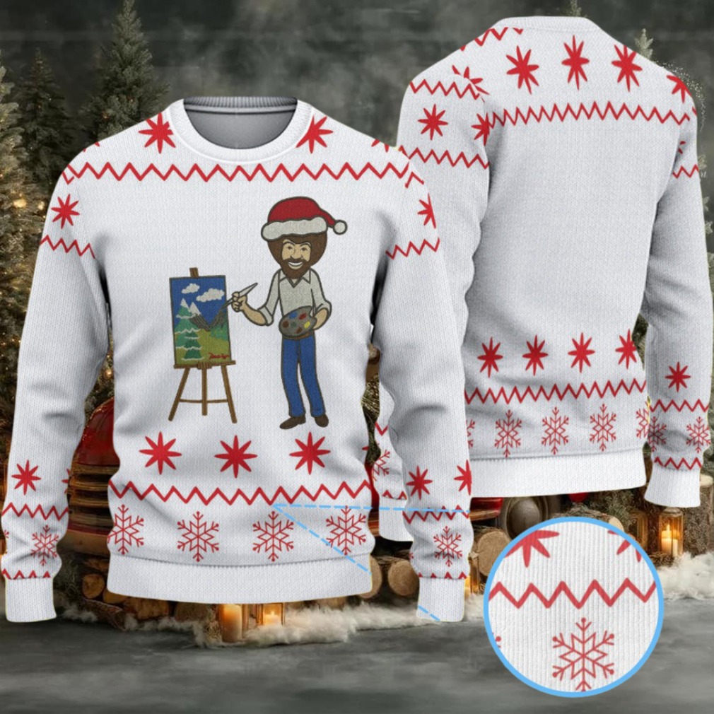 White & Red Snowflake Pattern “Bob Ross Santa Painter” Ugly Christmas Sweater White & Red Snowflake Pattern “Bob Ross Santa Painter” Ugly Christmas Sweater