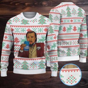 White Red and Green Christmas Tree Pattern Bud Light Meme Ugly Christmas Sweater