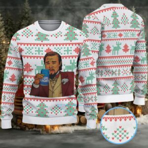 White Red and Green Christmas Tree Pattern Bud Light Meme Ugly Christmas Sweater