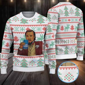 White Red and Green Christmas Tree Pattern Bud Light Meme Ugly Christmas Sweater