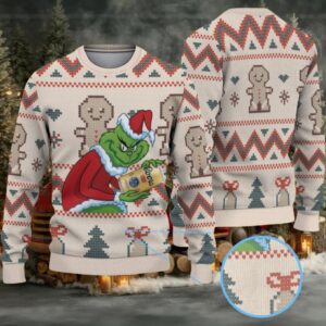 White Tan Coors Grinch Gingerbread Christmas Pattern Ugly Sweater