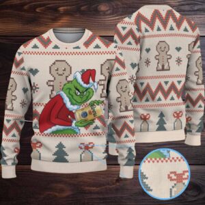 White Tan Coors Grinch Gingerbread Christmas Pattern Ugly Sweater