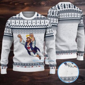 White and Navy Fair Isle “Super Jesus” Ugly Christmas Sweater with Flying Savior Design