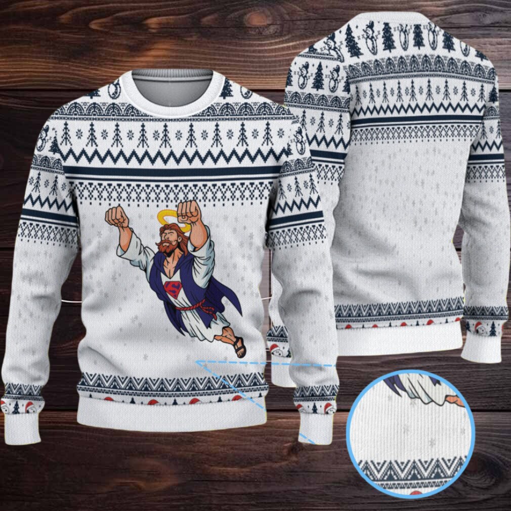 White and Navy Fair Isle “Super Jesus” Ugly Christmas Sweater with Flying Savior Design White and Navy Fair Isle “Super Jesus” Ugly Christmas Sweater with Flying Savior Design