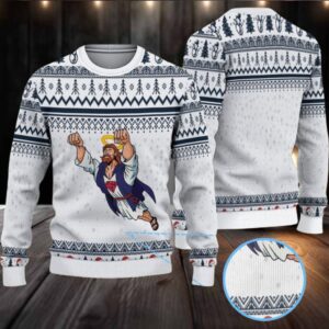 White and Navy Fair Isle “Super Jesus” Ugly Christmas Sweater with Flying Savior Design