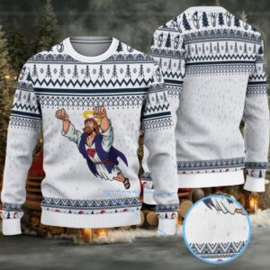 White and Navy Fair Isle “Super Jesus” Ugly Christmas Sweater with Flying Savior Design