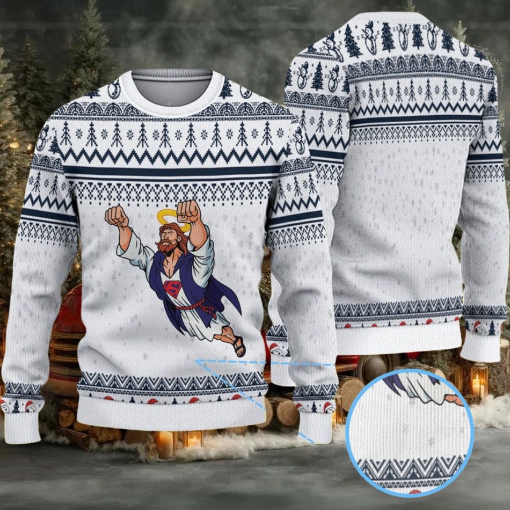 White and Navy Fair Isle “Super Jesus” Ugly Christmas Sweater with Flying Savior Design White and Navy Fair Isle “Super Jesus” Ugly Christmas Sweater with Flying Savior Design
