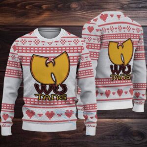White and Red Heart Pattern Knit “Wu Tang Clan Yellow Logo” Ugly Christmas Sweater