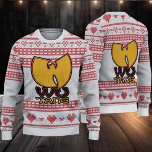 White and Red Heart Pattern Knit “Wu Tang Clan Yellow Logo” Ugly Christmas Sweater