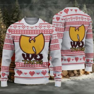 White and Red Heart Pattern Knit “Wu Tang Clan Yellow Logo” Ugly Christmas Sweater
