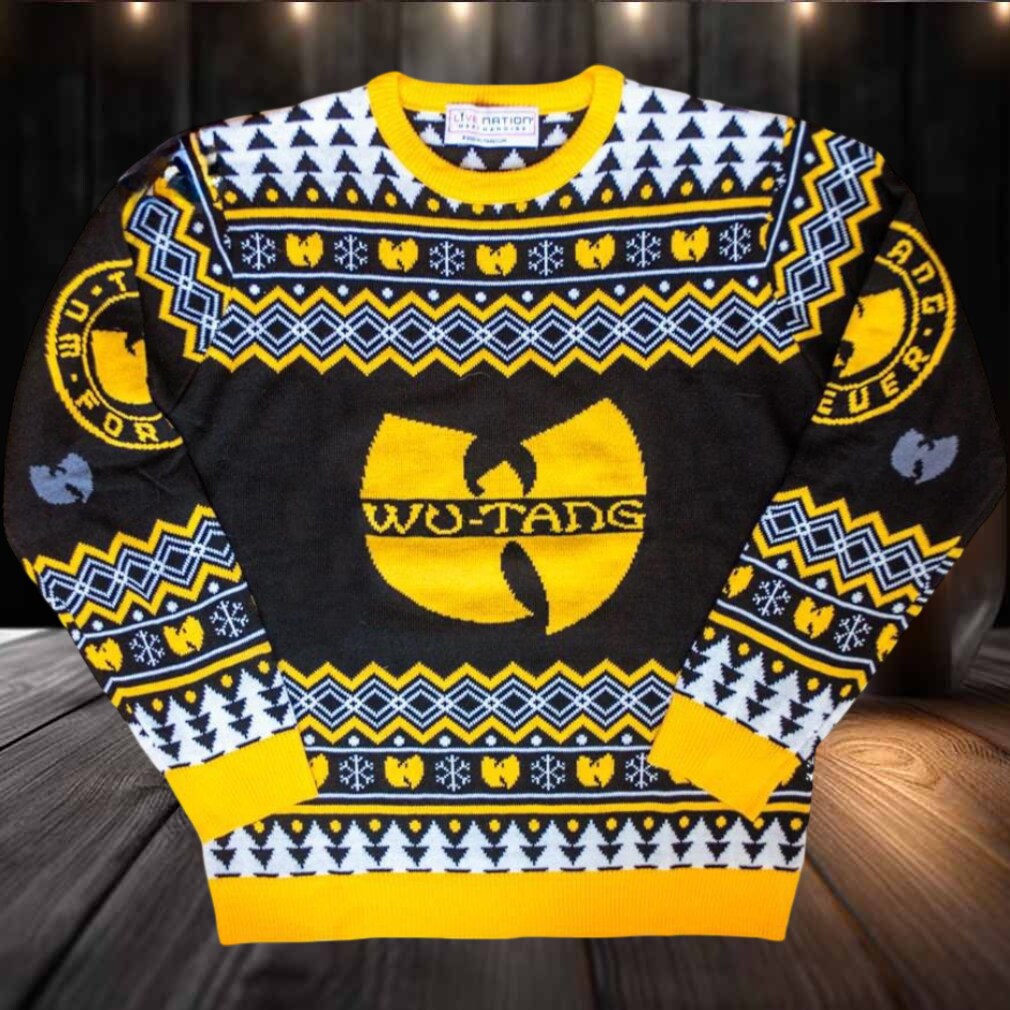 Wu Tang Clan Logo Snowflakes Yellow Black White Ugly Christmas Sweater Wu Tang Clan Logo Snowflakes Yellow Black White Ugly Christmas Sweater