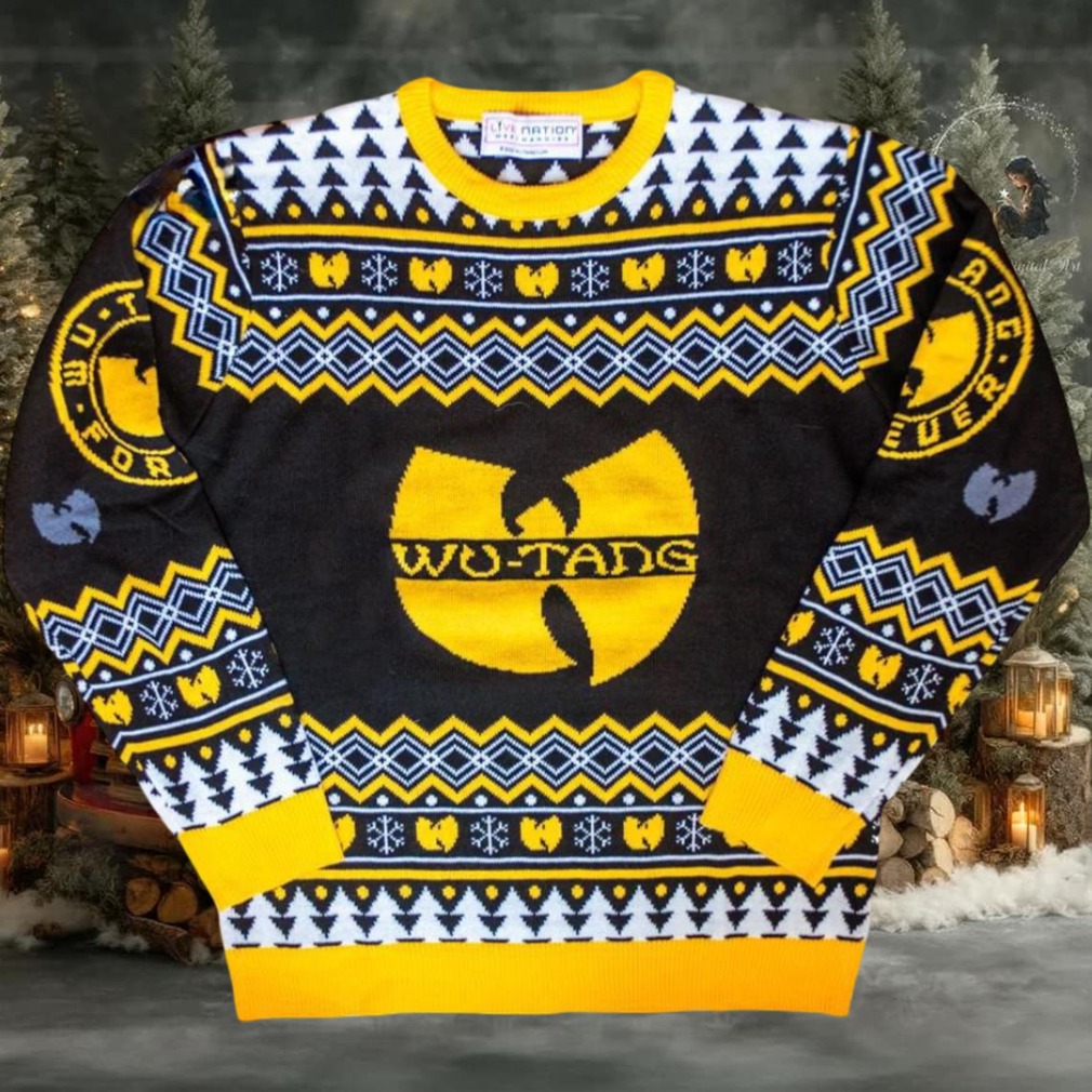Wu Tang Clan Logo Snowflakes Yellow Black White Ugly Christmas Sweater Wu Tang Clan Logo Snowflakes Yellow Black White Ugly Christmas Sweater