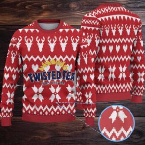 Red Twisted Tea Reindeer and Heart Pattern Ugly Sweater