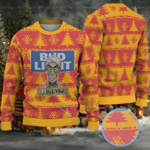 Yellow and Red Pixel Tree Pattern “Bud Light I Kill You” Ugly Christmas Sweater
