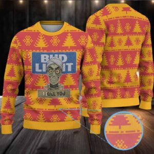 Yellow and Red Pixel Tree Pattern “Bud Light I Kill You” Ugly Christmas Sweater