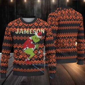 Black Orange Jameson Grinch Pixel Knit Christmas Ugly Sweater