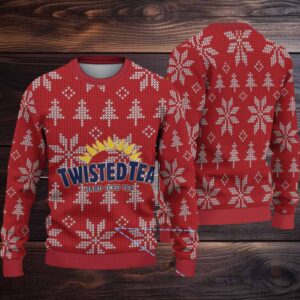 Red Twisted Tea Snowflake and Tree Pattern Ugly Sweater