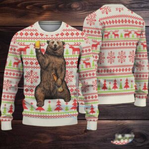 White Coors Banquet Drinking Bear and Reindeer Christmas Pattern Ugly Sweater