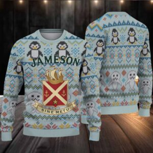 Light Blue Jameson Whiskey Penguin Seal Christmas Ugly Sweater