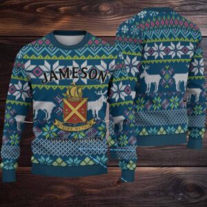 Teal Jameson Irish Whiskey Stag & Crest Pattern Christmas Ugly Sweater