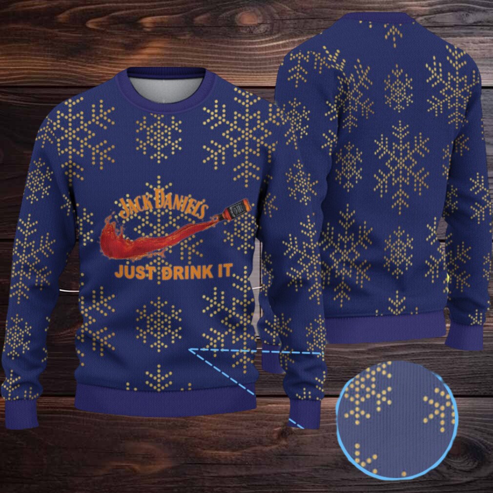 Navy Blue Dotted Snowflake Ugly Christmas Sweater Jack Daniel’s Just Drink It Whiskey Splash Navy Blue Dotted Snowflake Ugly Christmas Sweater Jack Daniel’s Just Drink It Whiskey Splash