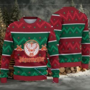 Red and Green Zigzag Knit Ugly Christmas Sweater Jagermeister Stag Logo with Bells