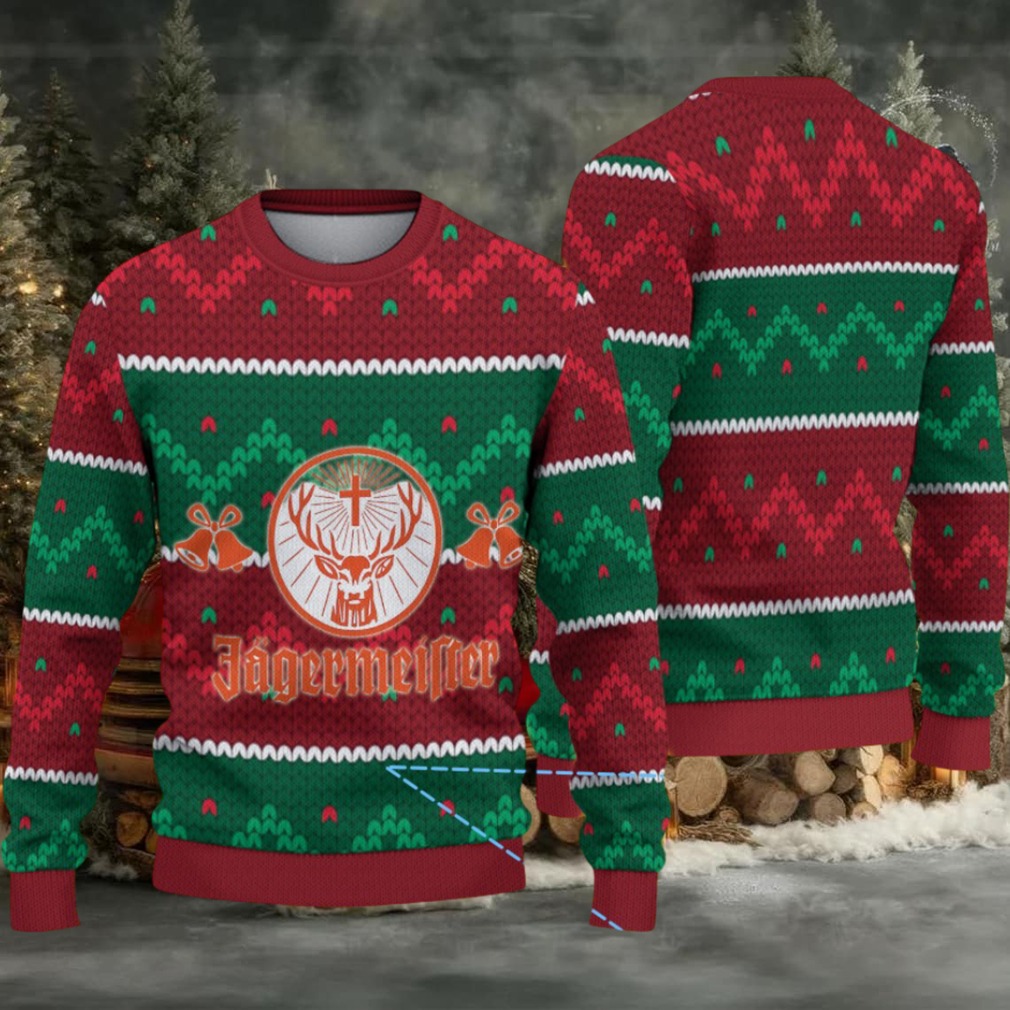Red and Green Zigzag Knit Ugly Christmas Sweater Jagermeister Stag Logo with Bells Red and Green Zigzag Knit Ugly Christmas Sweater Jagermeister Stag Logo with Bells