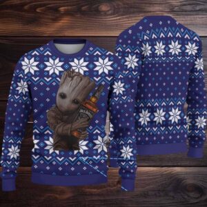 Navy Fair Isle Snowflake Ugly Christmas Sweater Jack Daniel’s Whiskey with Baby Groot Holding Bottle