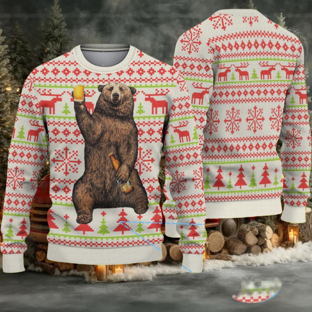 White Coors Banquet Drinking Bear and Reindeer Christmas Pattern Ugly Sweater White Coors Banquet Drinking Bear and Reindeer Christmas Pattern Ugly Sweater
