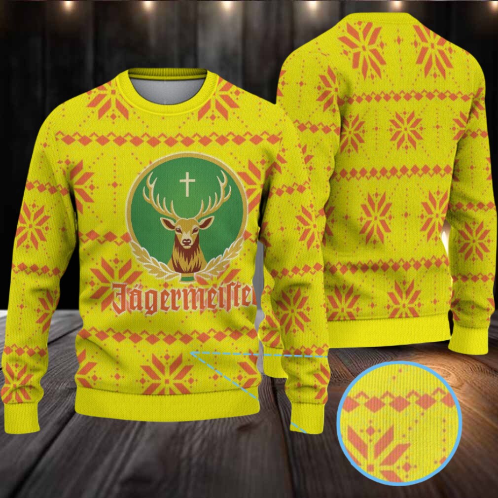 Neon Yellow with Orange Snowflake and Diamond Pattern Ugly Christmas Sweater Jagermeister Stag Logo Neon Yellow with Orange Snowflake and Diamond Pattern Ugly Christmas Sweater Jagermeister Stag Logo