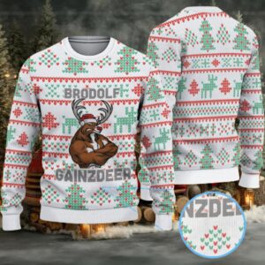 White Coors Banquet “Brodolf Gainzdeer” Christmas Tree Pattern Ugly Sweater White Coors Banquet “Brodolf Gainzdeer” Christmas Tree Pattern Ugly Sweater