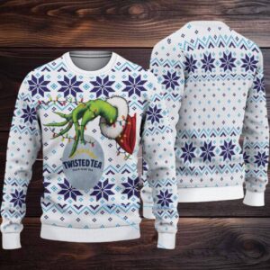 White Blue Twisted Tea Grinch Hand Snowflake Pattern Ugly Sweater