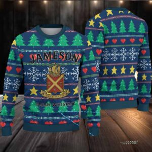 Navy Jameson Irish Whiskey Christmas Tree & Crest Ugly Sweater