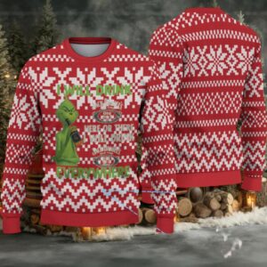 Red and White Geometric Fair Isle Ugly Christmas Sweater Jack Daniel’s Whiskey with Grinch Pattern