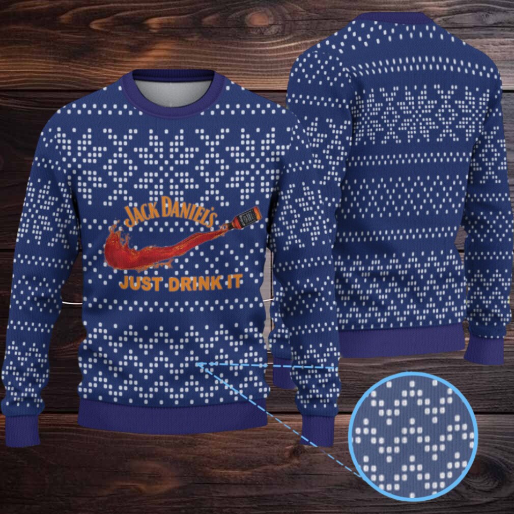 Navy Dotted Snowflake Ugly Christmas Sweater Jack Daniel’s Just Drink It Whiskey Splash Navy Dotted Snowflake Ugly Christmas Sweater Jack Daniel’s Just Drink It Whiskey Splash