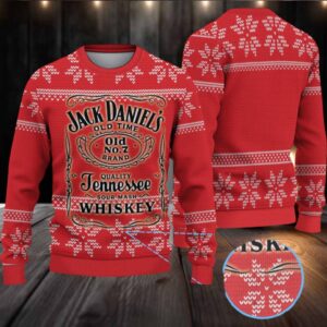 Red Fair Isle Snowflake Ugly Christmas Sweater Jack Daniel’s Old No. 7 Tennessee Whiskey Label