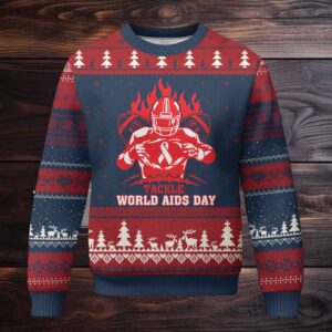 AIDS Awareness Ugly Christmas Sweater Ribbon HIV Tackle Football Gift