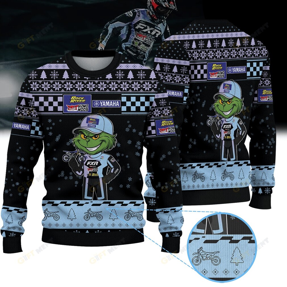 Austin Politelli Gizmo Mods Rock River Racing Yamaha Grinch Ugly Christmas Sweater detail view